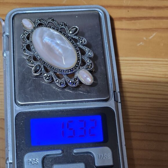 Sterling Silver Marcasite Oval Brooch Pearlescent 15.32g Mother of Pearl - Picture 11 of 12